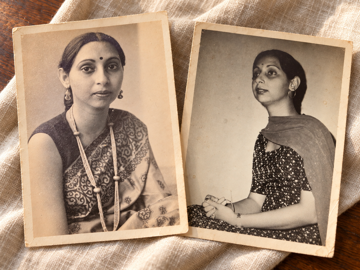 Two treasured portraits of my mother, arranged on natural linen