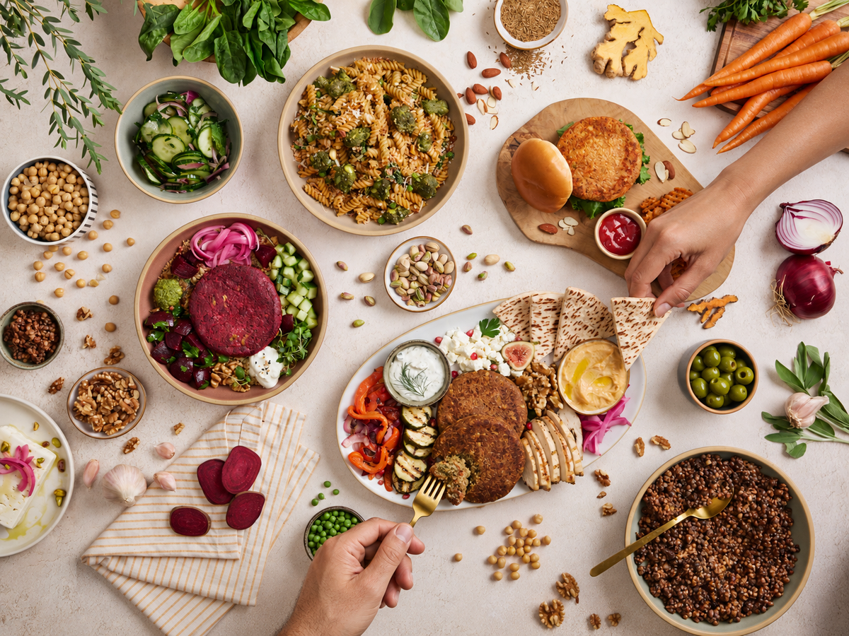 Hands sharing Hey!Hunger patties, pita, vegetables and dips around a generous table