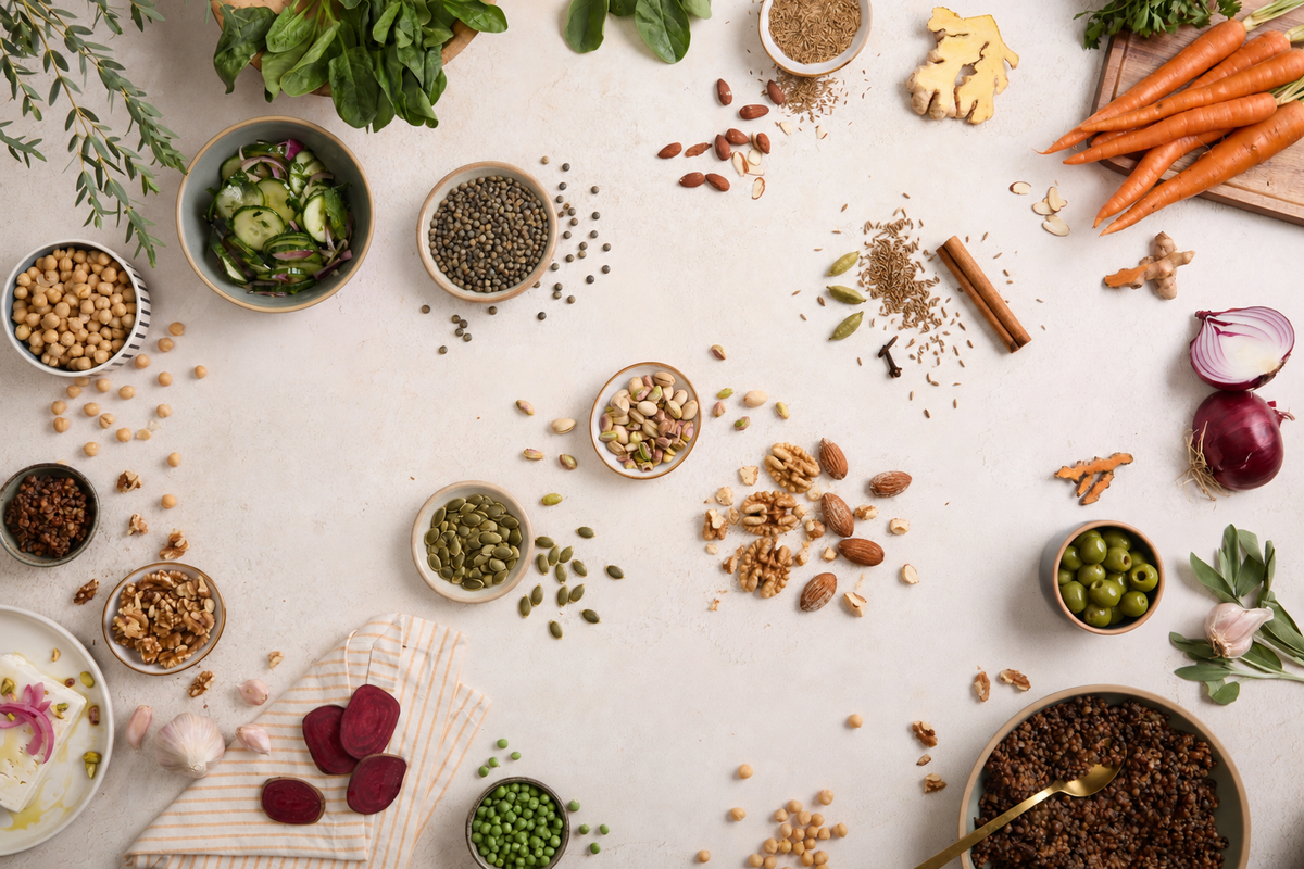 Whole vegetables with French green lentils, walnuts, almonds, pistachios, pumpkin seeds and Indian spices on a cream tabletop
