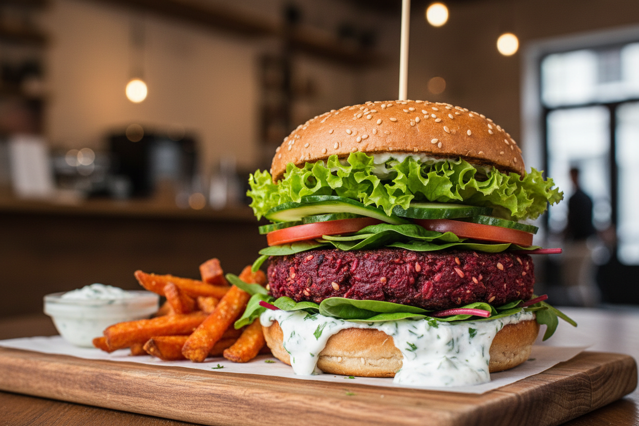 Beet burger stacked high with delicious vegetables and greens with a base of yogurt sauce.