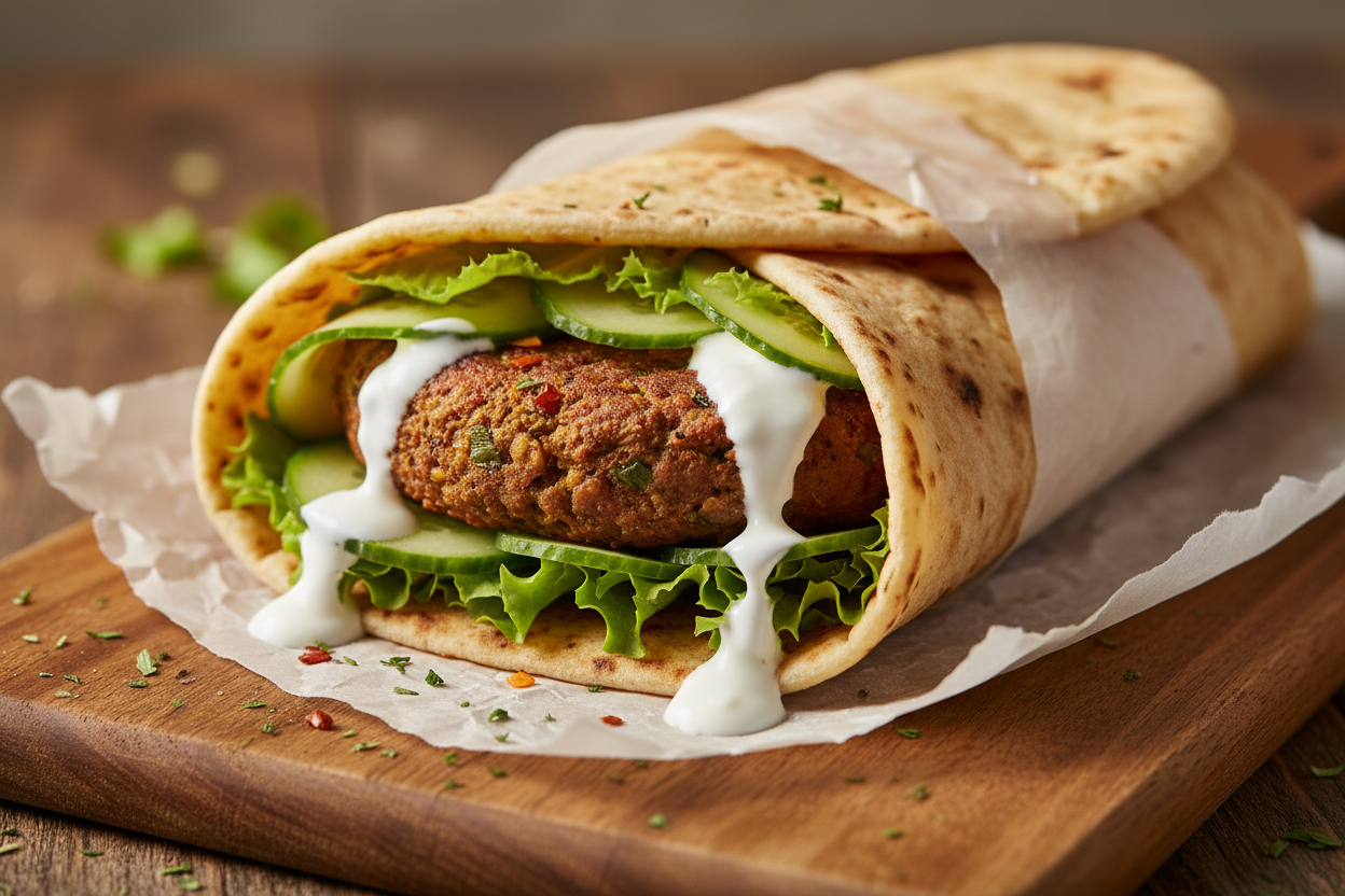 create a gyro wrap showcasing a lentil burger with cucumber, lettuce, yogurt sauce. Make it look sumptuous and irrestible. 