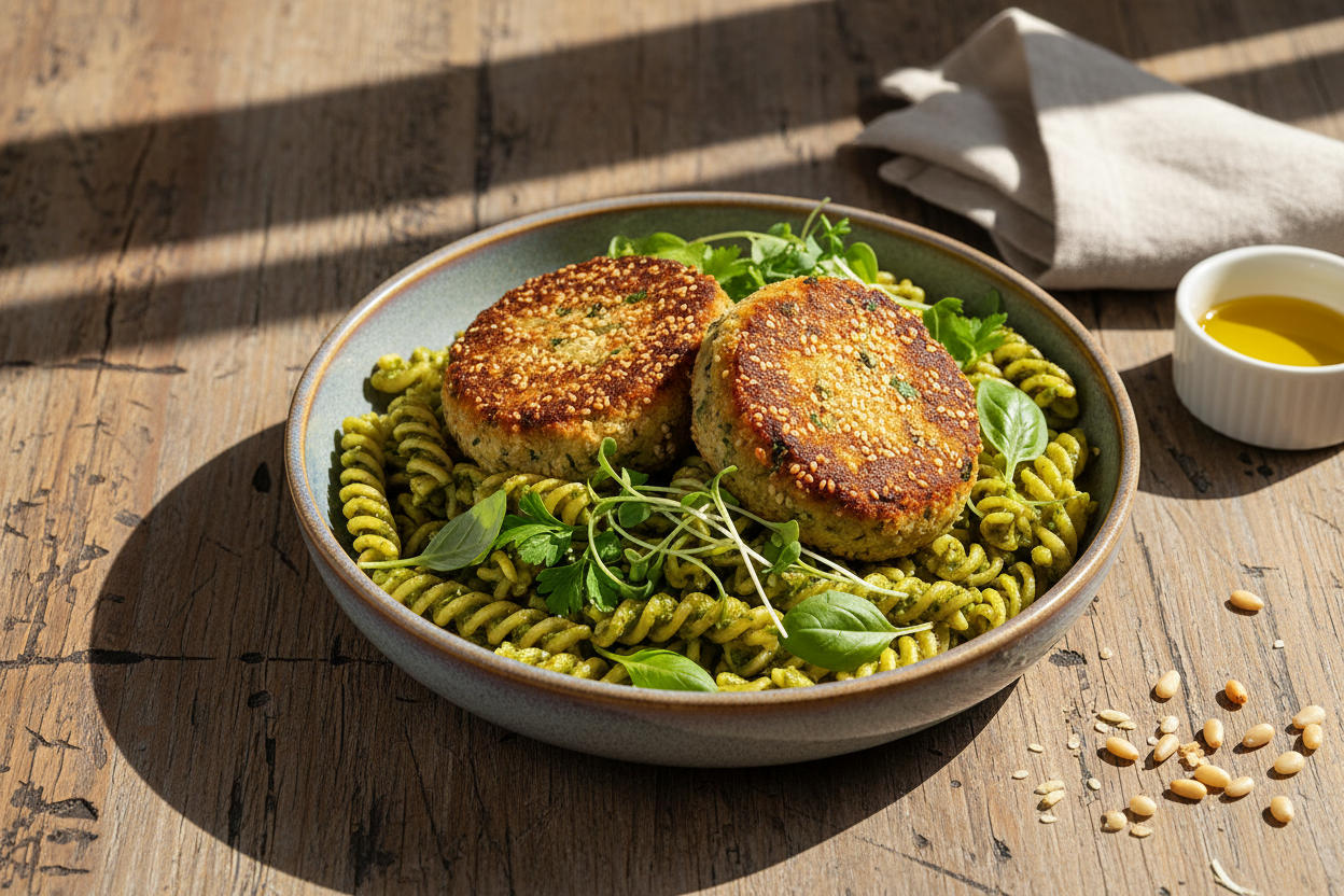 Create a table scene with hero shot of a rotini pasta with pesto bowl topped with spinach burgers and fresh microgreens and herbs