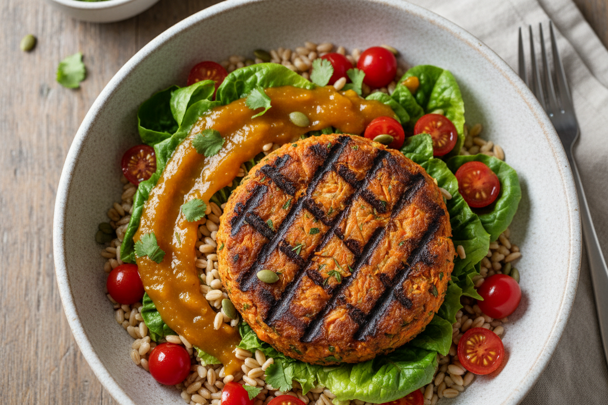 Create grain bowl with farro, tomatoes, lettuces, mango chutney and topped with a beautiful carrot burger.