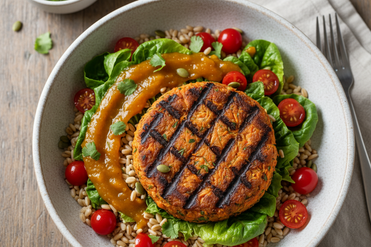 Create grain bowl with farro, tomatoes, lettuces, mango chutney and topped with a beautiful carrot burger.